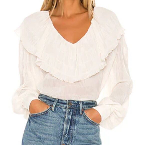 House of Harlow Revolve Piper Blouse Ivory Long Sleeve Sheer Ruffle Pleat Top L - Picture 1 of 13